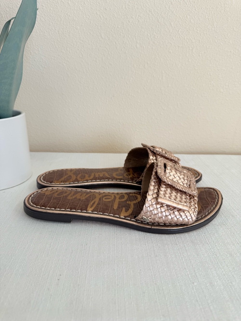 Sam Edelman Gavriela 2 Rose Gold Woven Leather Buckle Slide Sandals - Picture 3 of 11